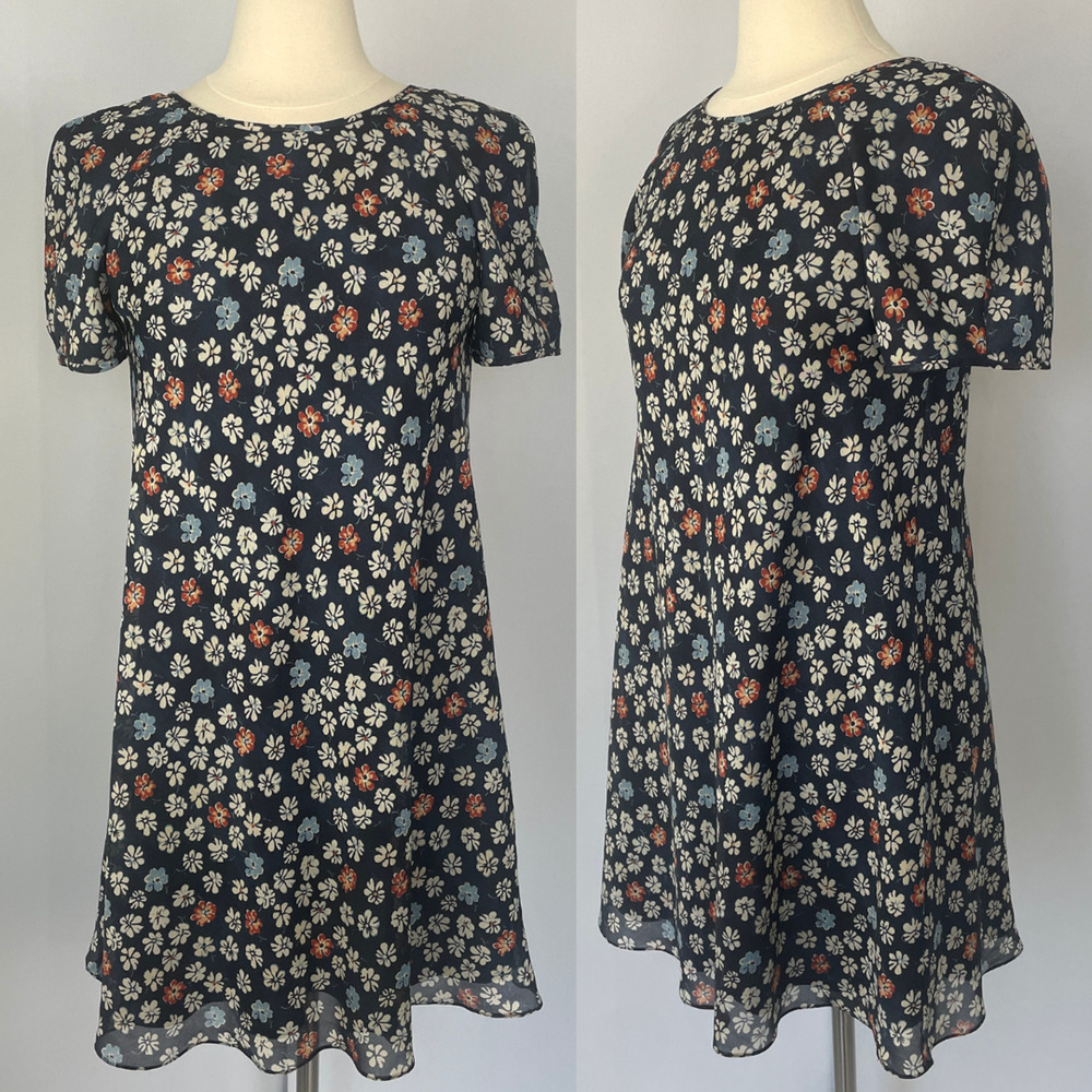 Vtg 90s Mini Dress Size 6 Petite Navy Blue Ditsy Floral Daisy Flower Power Retro
